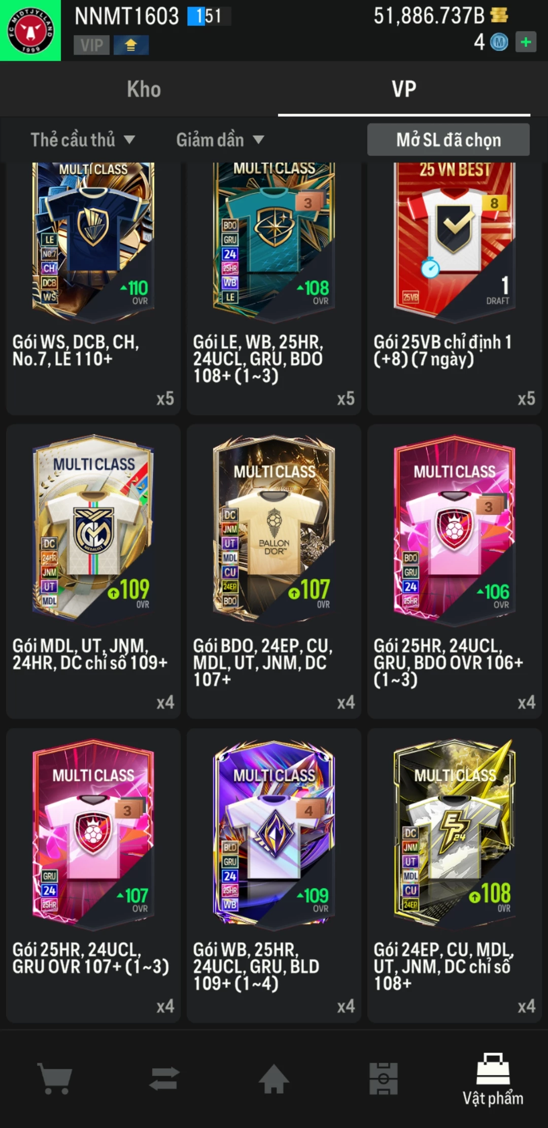 Ảnh ACC mở thẻ (LOẠI SVIP PROMAX) bao gồm có thẻ +12, Thẻ PRIME(QH+, CP+, XS+) và hơn 1500+ đến 1700+ thẻ cầu thủ từ Siêu sao đến Miền núi các loại. Acc có sẵn BP trắng từ 50.000 tỷ BP đến 62.000 tỷ BP